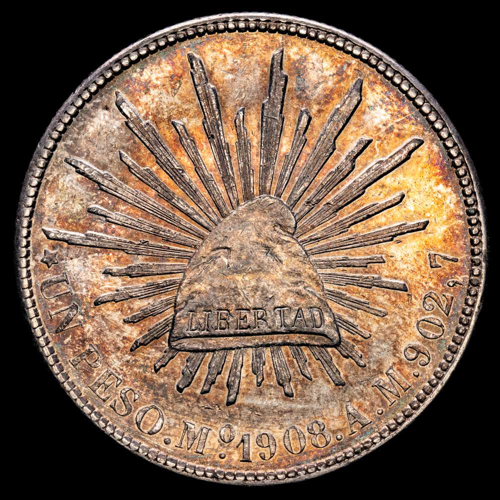 República de México. 1 Peso. (27,08 g.). México. 1908. A·M. KM-4092. Plata (.9027) Casa de la Moneda de la Ciudad de México (10156000). Bello color irisado. XF+.