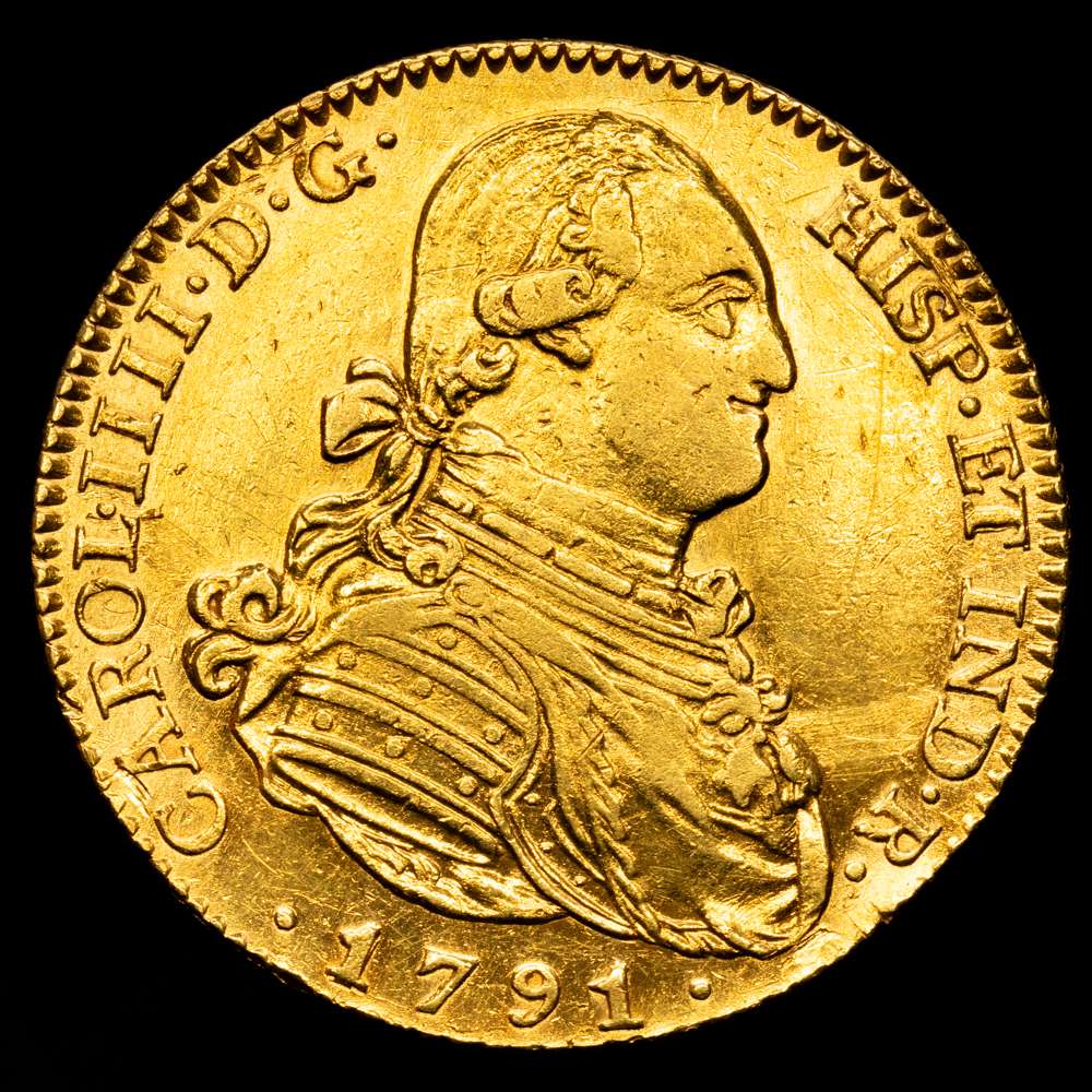 Carlos IV (1788-1808).  Madrid. 4 escudos. 1791. MF. Ordinal III. (Cal-1474). Au. 13,47 gramos.  algunos restos de brillo original. EBC-/EBC+.
