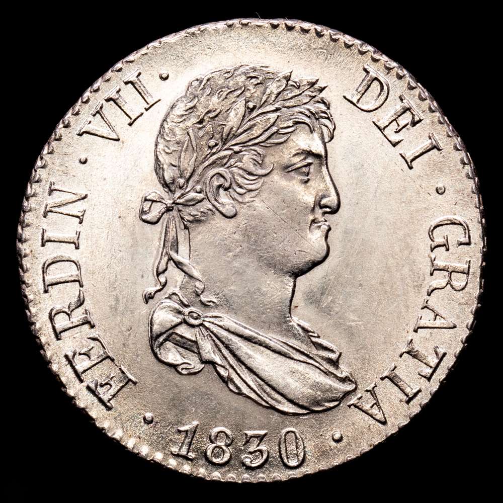 Fernando VII (1808-1833). 2 reales. 1830. Madrid. AJ. (Cal-847). Ag. 5,92 gramos. Parte de brillo original. Precioso ejemplar. Rara en esta conservación. UNC-.