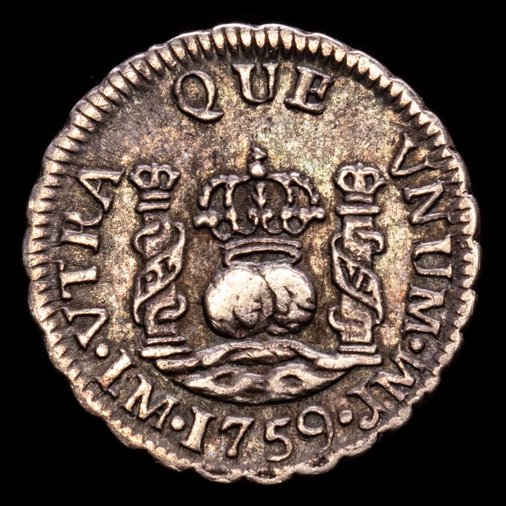 Fernando VI (1746-1759). 1/2 real. 1759. Lima. JM. (Cal-63). Ag. 1,65 g. Atractivo ejemplar con todos sus detalles bien definidos. Rara en esta conservación. Bonita pátina. EBC-.