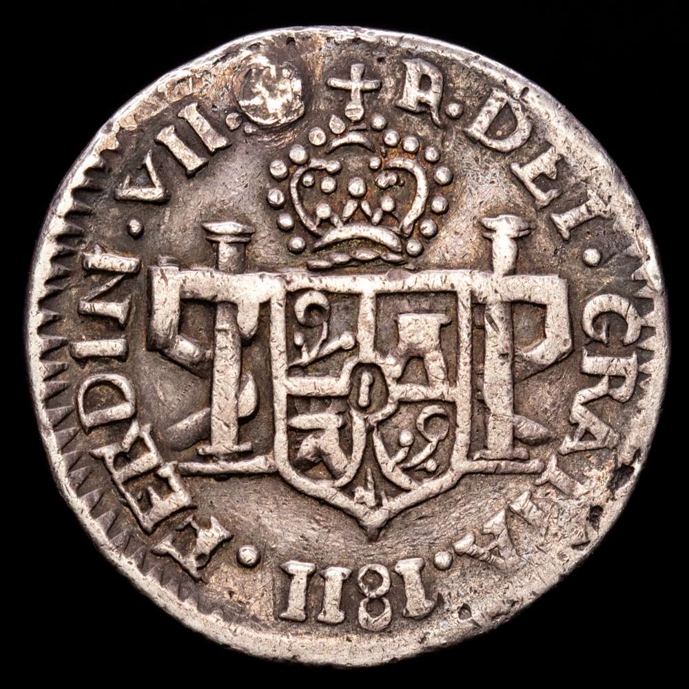 Fernando VII (1808-1833). 2 reales. 1811. Zacatecas. (Cal-996). (7,38 g.). Ag. Primer tipo con fecha invertida, escudo de armas locales. Tono suave. VF. Escasa.