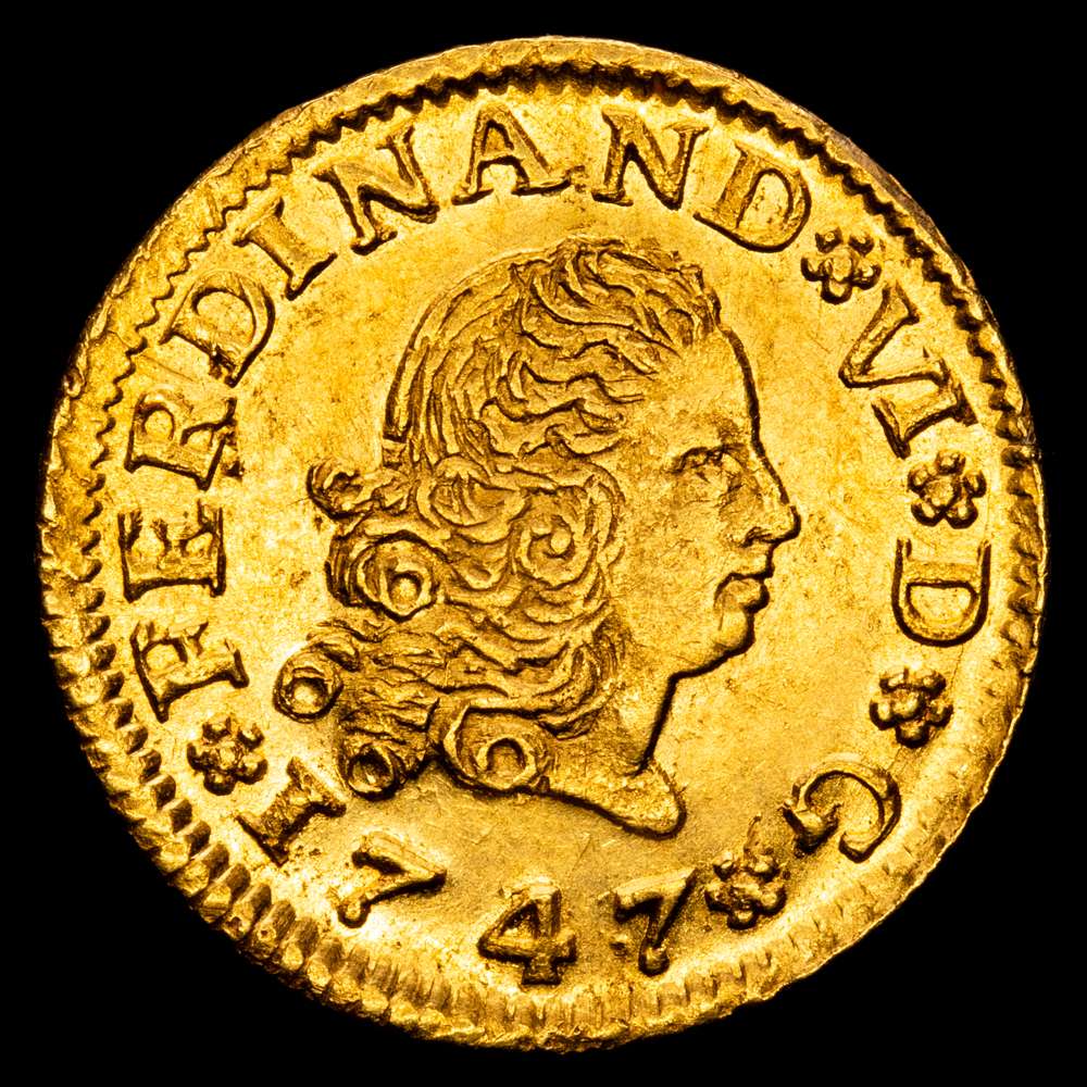 Fernando VI. 1747. Sevilla. PJ. 1/2 escudo. (AC.569). Primer busto. Bellísima. Brillo original. Muy raramente así. 1,79 gramos. EBC+.
