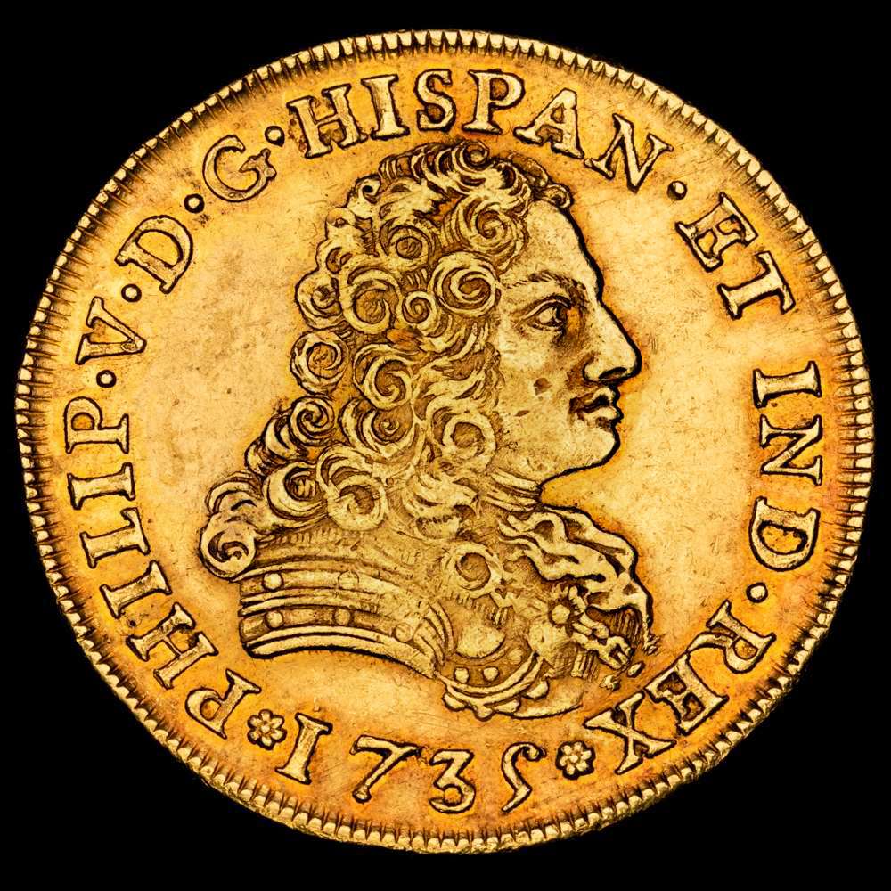 Felipe V (1700-1746) 8 escudos. 1735. México. MF. (Cal-340). (Cal onza-428). Au. 26,97 g.  Pequeños restos de brillo original. Rara. EBC-.
