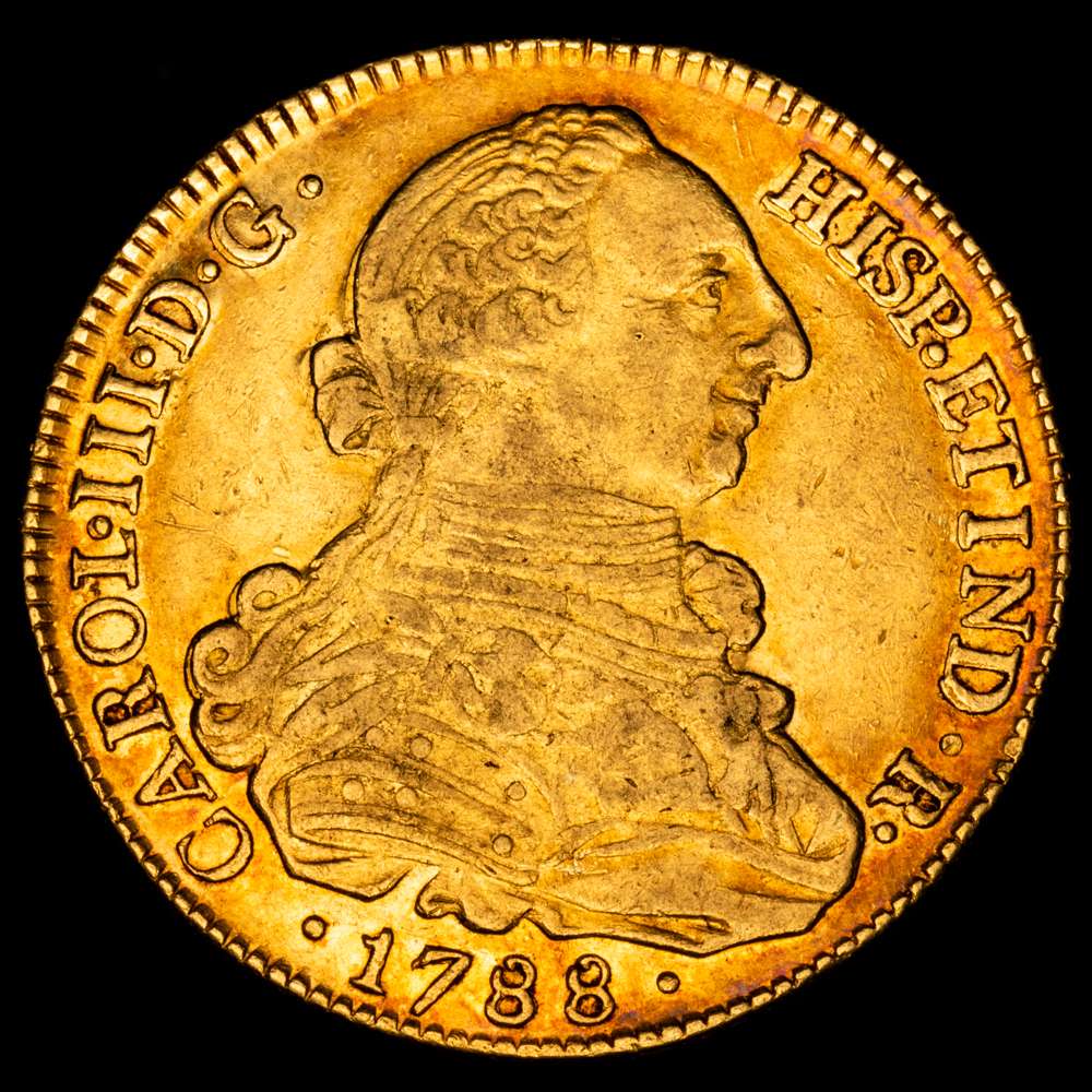 Carlos III (1759-1788). 8 escudos. 1788. Popayán. SF. (Cal-2058). (Cal onza-824). Au. 26,98 gramos. Precioso color. Parte de brillo original. Escasa así. EBC.