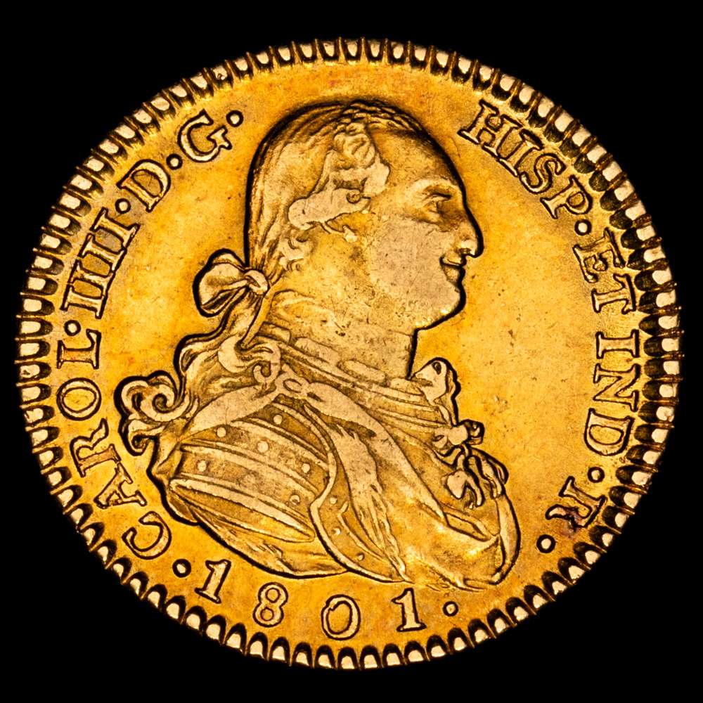 Carlos IV (1788-1808). 2 escudos. 1801. Madrid. FA/MF. (Cal-1302). Au. 6,84 gramos. Ensayadores rectificados. Color bonito. MBC+.