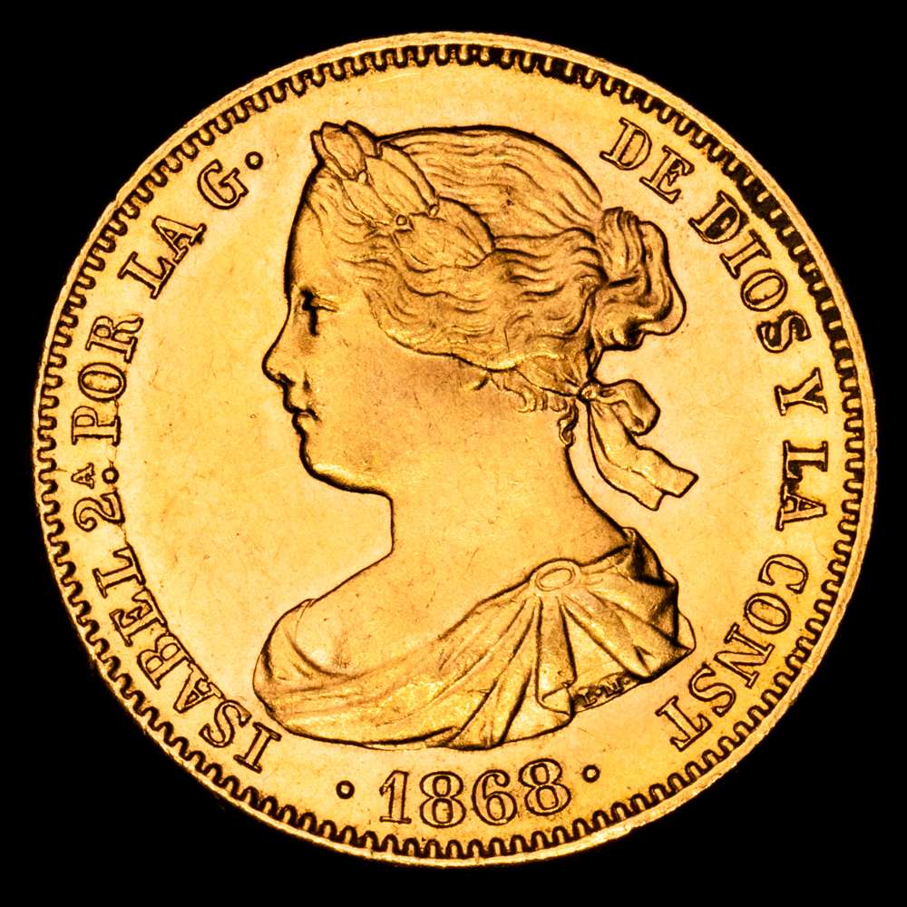 Isabel II (1833-1868). 10 escudos. 1868*18-68. Madrid. (Cal-815). Au. 8,35 g. Bonito color. Brillo original. UNC.