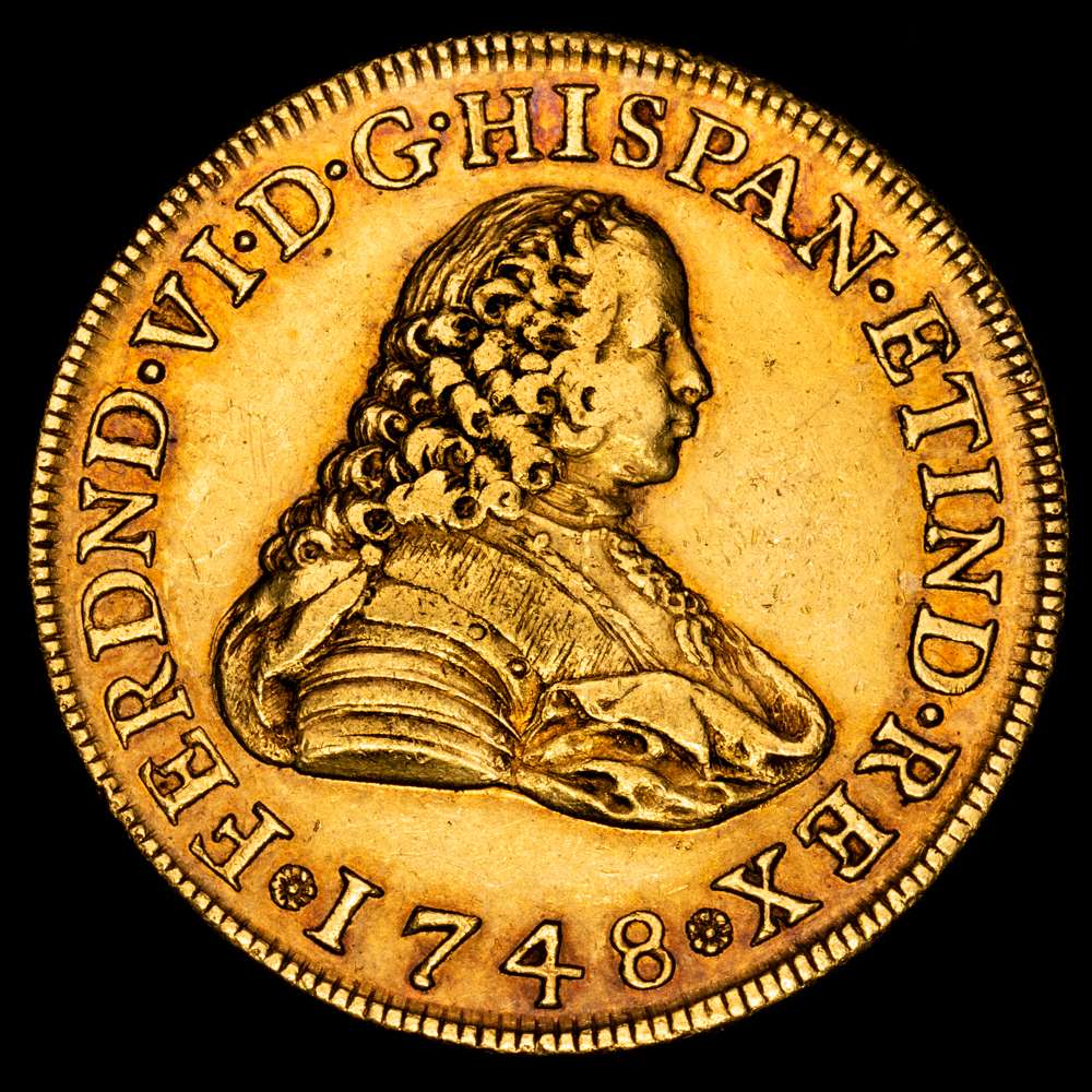 FERNANDO VI MÉXICO. KM-150 (AyC-781) – 8 Escudos 1748 Mo MF. Primera amonedación con el busto oficial del Rey. Rara. EBC.