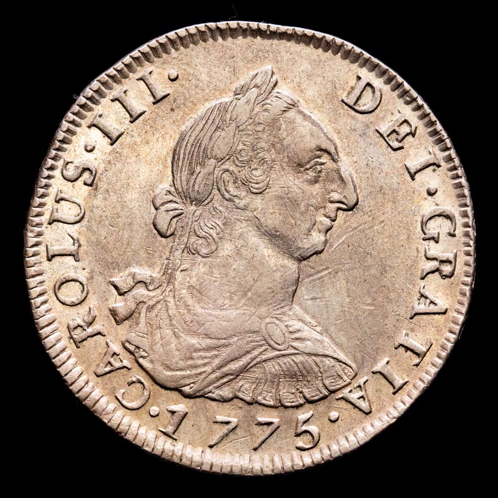 Carlos III. 4 Reales. (13,6 g.). Potosí. 1775. Ensayador J·R. Aureo y Calicó – 932. EBC. Tono. Escasa así.