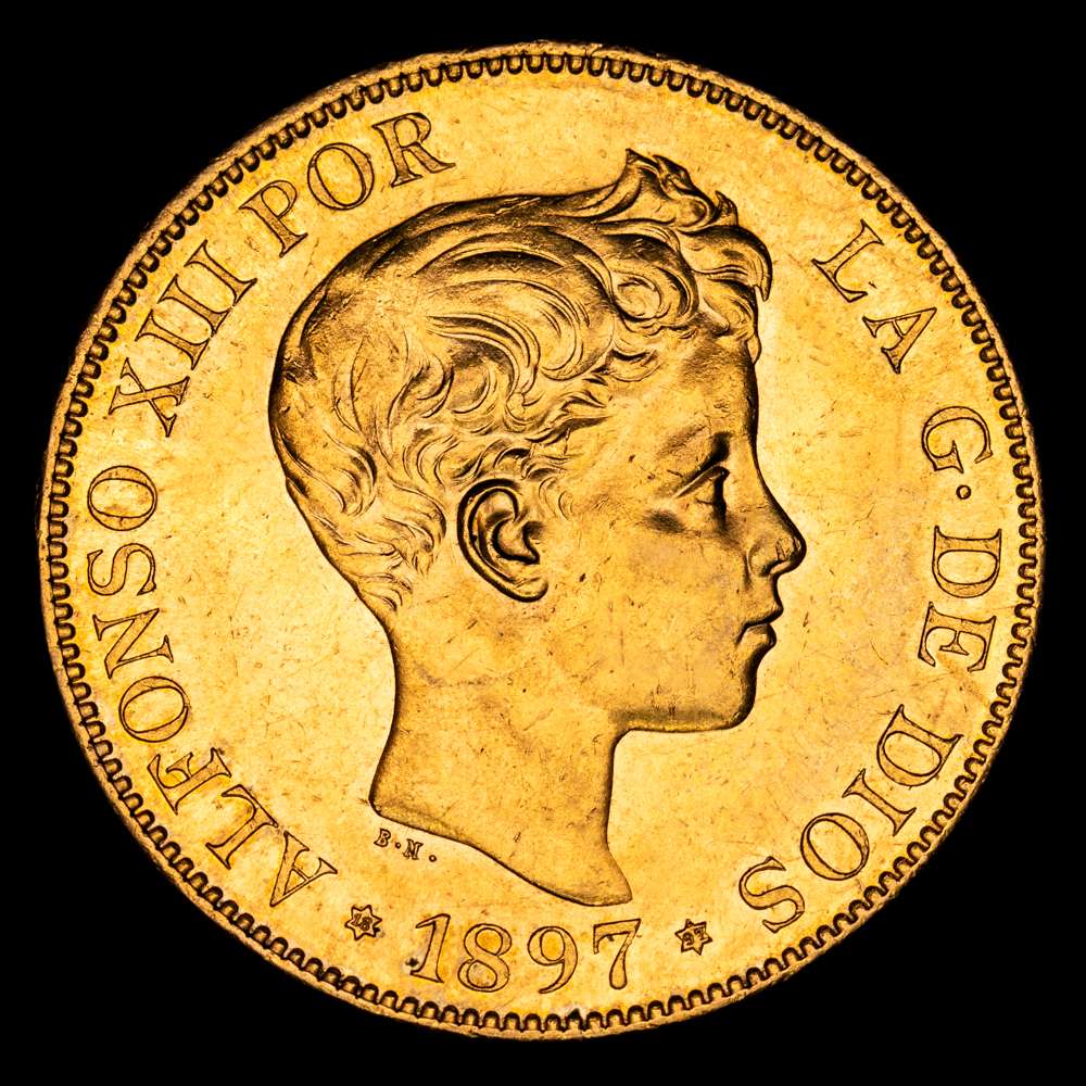 Centenario de la Peseta (1868-1931). Alfonso XIII (1886-1931). 100 pesetas. 1897*18-97. Madrid. SGV. (Cal-119). Au. 32,28 gramos. Magnífica para el tipo. Bonito color. Brillo original. SC-.
