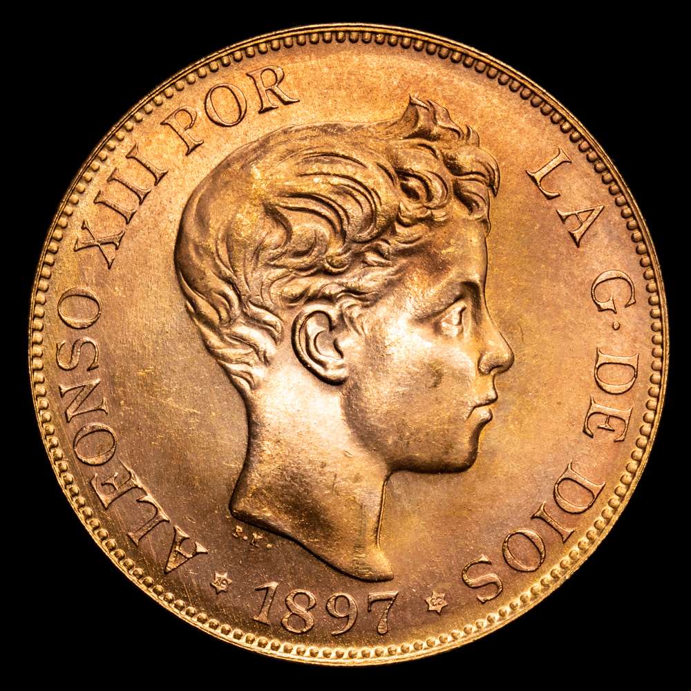 Alfonso XII. Madrid. 100 pesetas. 1897*19-62. SGV.  (AC.178). 32.30 gramos.  SC, brillo original. Tono atractivo. Muy buen y bello ejemplar.