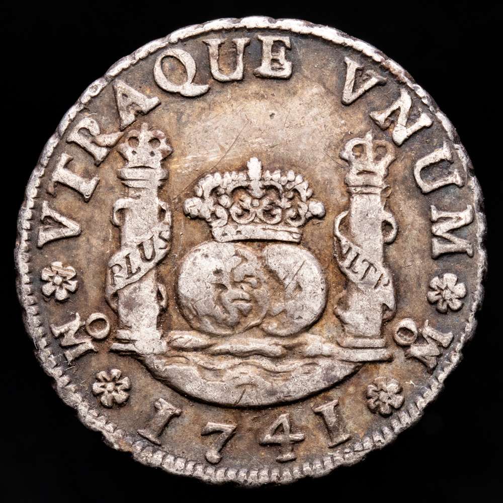 Felipe V (1700-1746). 2 reales. 1741. México. Mo MF. (Cal-825). Peso 6,67 g. Tono.  Anverso inusual sin roseta debajo del ensayador. MBC+.