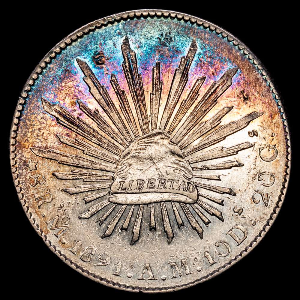 República de México. 8 Reales. (26,96 g.). México. 1891. A·M. KM-377.2. Resellos orientales. Bello color irisado. XF.