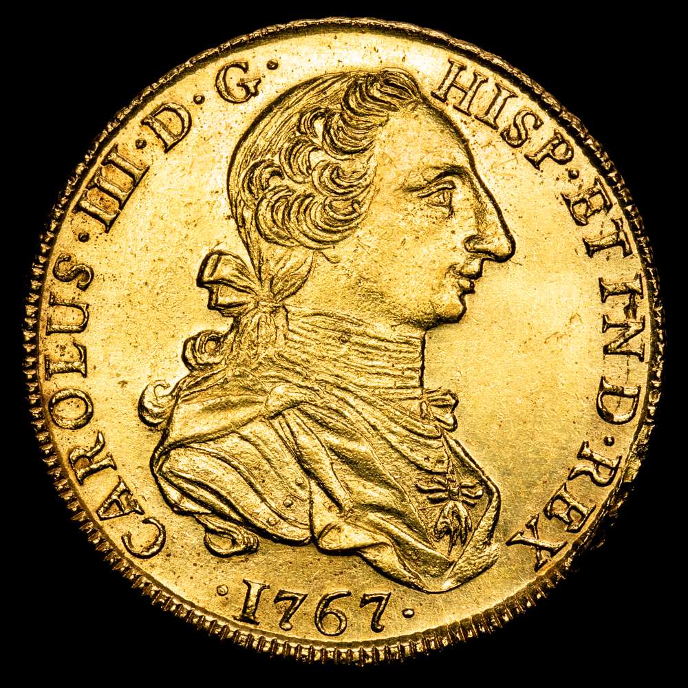 Carlos III. 1767. Lima. JM. 8 escudos. (AC. 1920) (Cal.Onza 681). Tipo “cara de rata”. Bella.  Rara. 27,14 g. EBC. Buena acuñación, muy atarctiva.