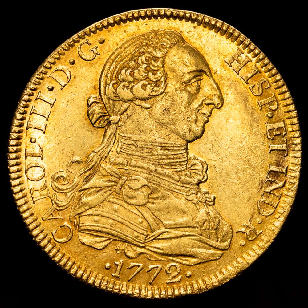 CARLOS III MÉXICO. KM-56.1 (A&C-1998) – 8 Escudos 1772 Mo FM. (27,01 g.). Precioso color. Parte de brillo original. EBC/EBC+.