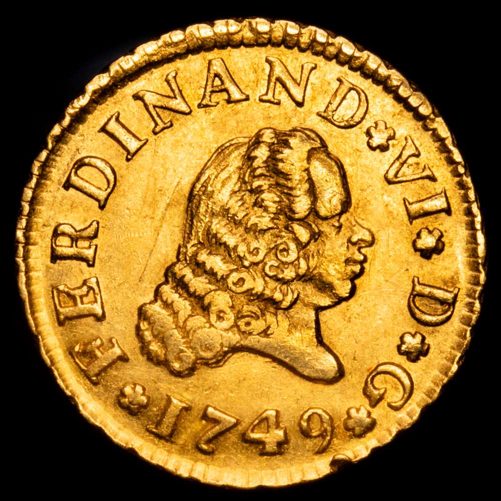 Fernando VI (1746-1759). 1/2 escudo. 1749. Madrid. JB. (Cal-551). Au. 1,77 gramos. Segundo busto. MBC+.