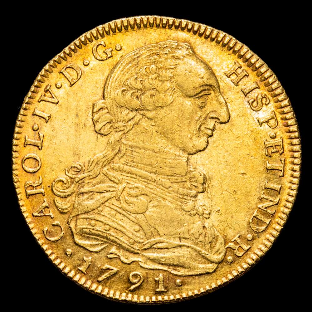Carlos IV. 8 Escudos. (27,08 g.). Santa Fe de Nuevo Reino. 1791. Ensayador J·J. (AC. 1718) (Cal.Onza 1117) (Restrepo 95-8). Busto de Carlos III. Ordinario IV.. EBC-. Escasa. Bello color.