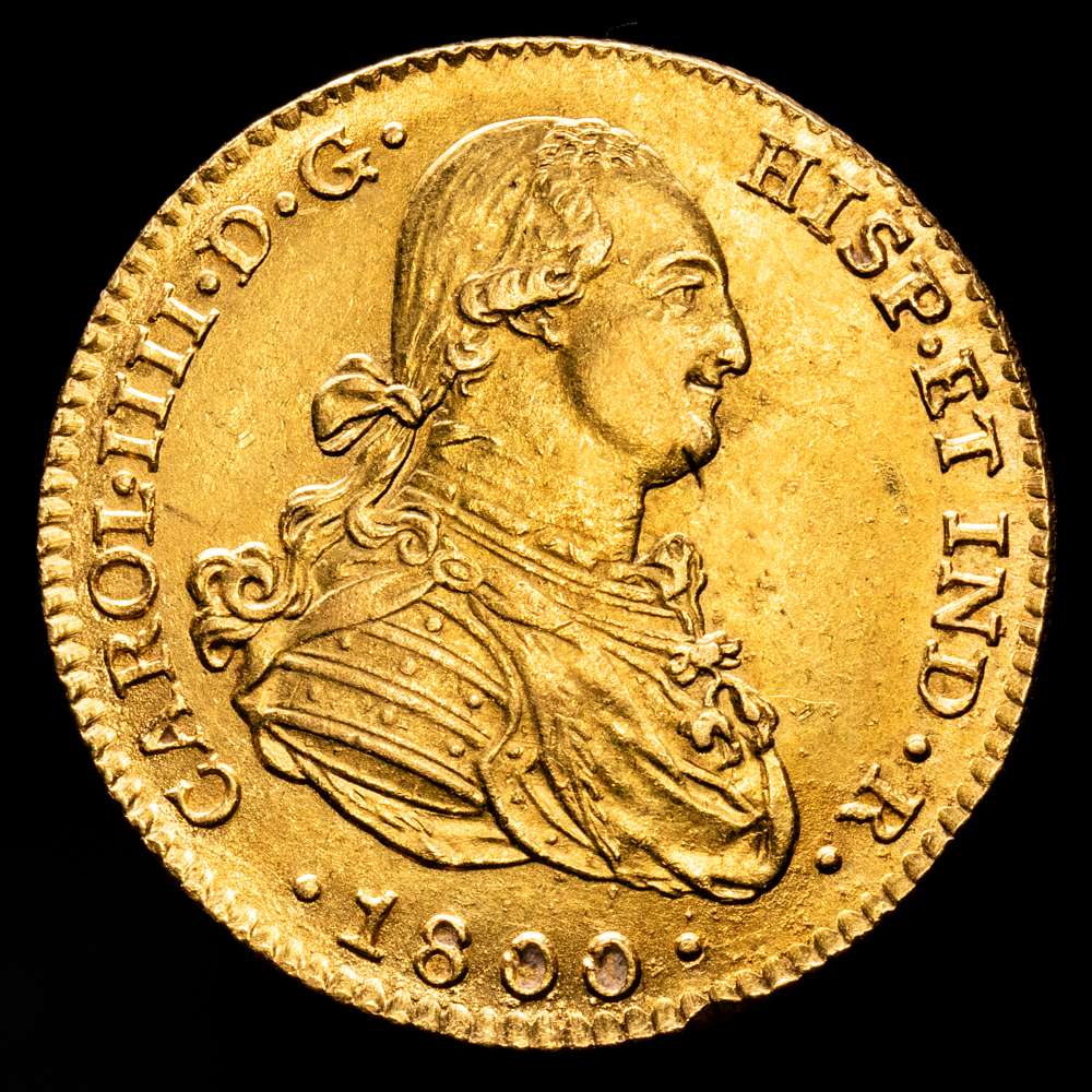 Carlos IV (1788-1808). 2 escudos. 1800. Sevilla. CN. (Cal-1436). Au. 6,77 gramos. Brillo original. BUEN EJEMPLAR. EBC.