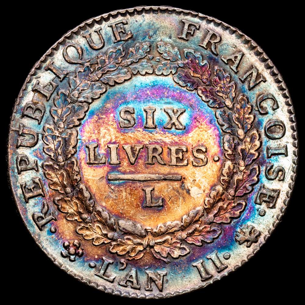 FRANCIA. Ecu (6 libras), Año II (1793)-L. Ceca de Bayona. Dav-1336; KM-624; Gad-58. 29,45 gramos. XF+/XF. Bastante rara y de escasa circulación, con un color irisado y brillo subyacente.