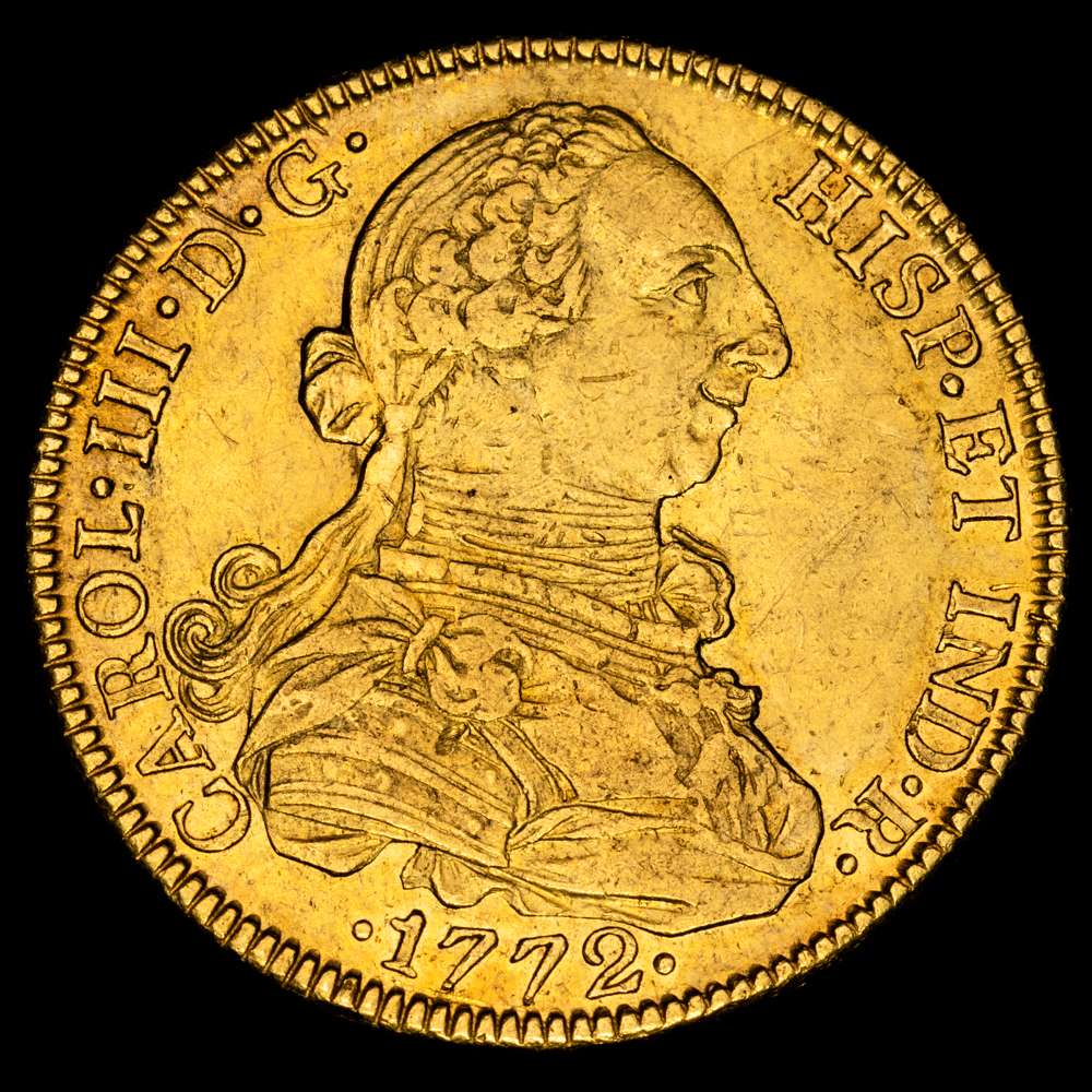 CARLOS III MÉXICO. KM-56.1 (A&C-1998) – 8 Escudos 1772 Mo FM. (27,01 g.). Color precioso. Parte de brillo original. EBC.