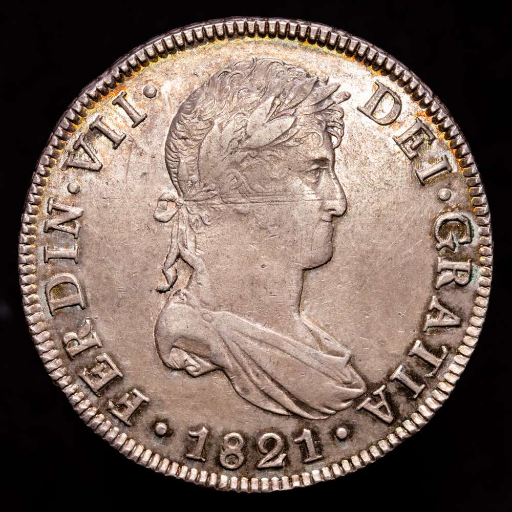 Fernando VII. 8 Reales. (27,02 g.). Nueva Guatemala. 1821. M. AC-1236. EBC. Gran parte de brillo original. Pátina de monetario