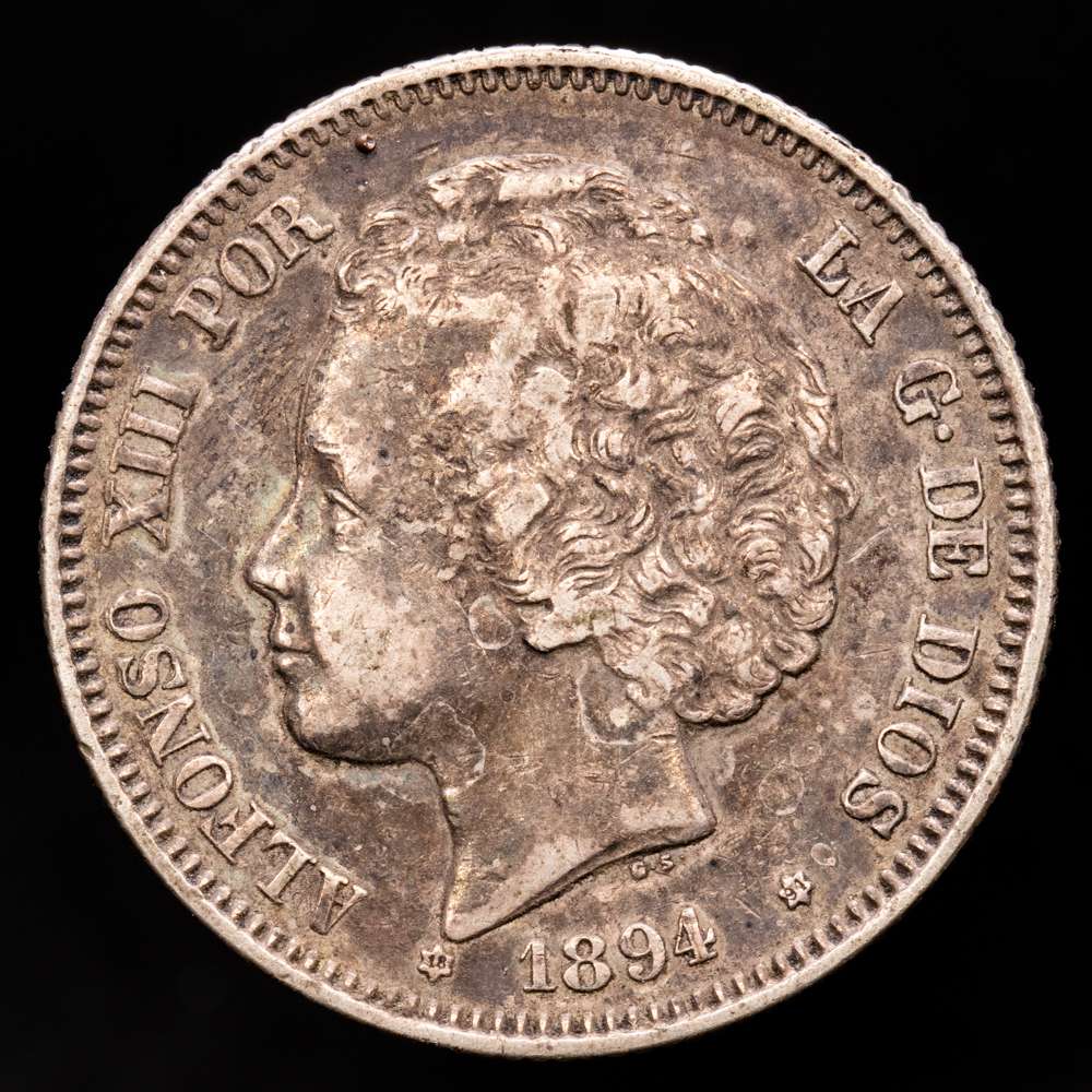 Centenario de la Peseta (1868-1931). Alfonso XIII (1886-1931). 2 pesetas. 1894*18-94. Madrid. PGV. (Cal-86). Ag. 9,94 gramos. Pequeñas marcas. MBC+.