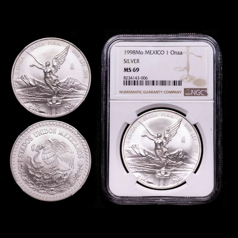 Moneda de plata “Libertad” de México Estados Unidos Onza 1998-Mo MS69 NGC, ceca de la Ciudad de México, KM613. Tirada: 67 000.