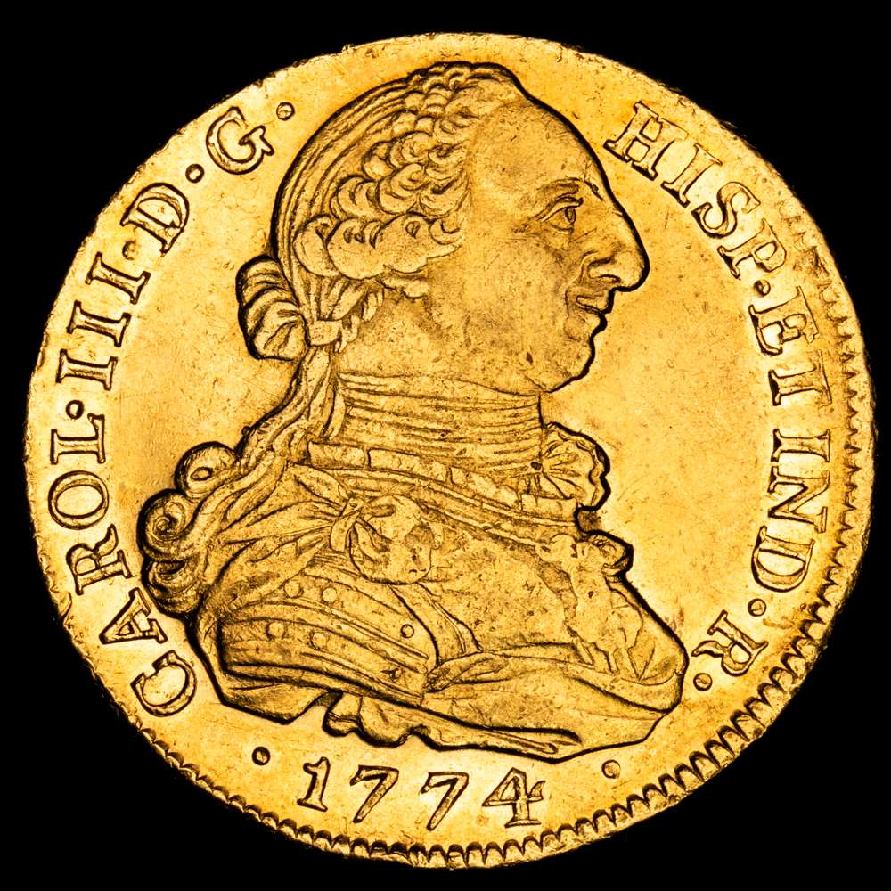 Carlos III. 1774. Popayán. JS. 8 escudos. (AC. 2040) (Cal.Onza 801) (Restrepo 73-9). 27,03 g. Sin punto entre los ensayadores. Parte de brillo original. EBC.