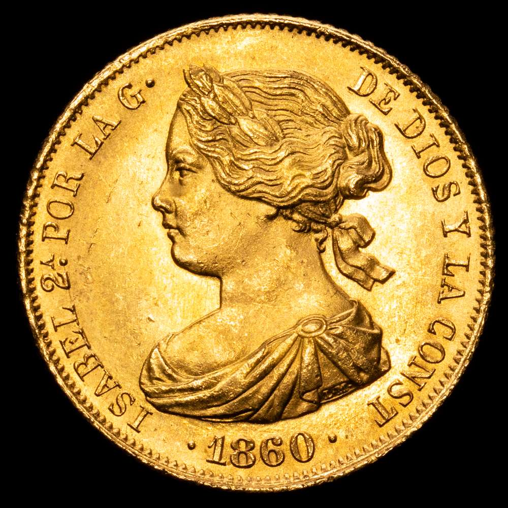 Isabel II (1833-1868). 100 reales. 1860. Madrid. (Cal-787). Au. 8,37 g. Brillo original. Escasa así. SC-.