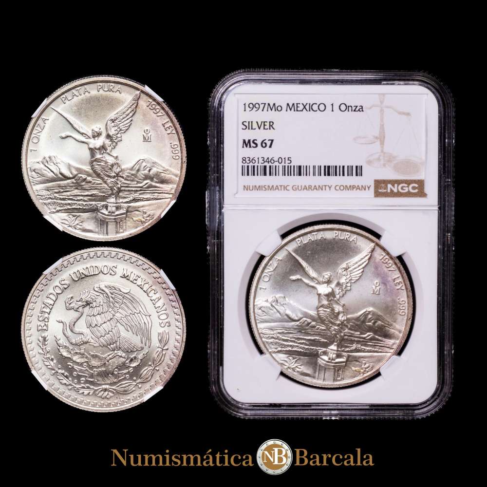 Moneda de plata Onza 1997-Mo de México. Encapsulada por NGC como MS67 , Casa de la Moneda de la Ciudad de México, KM613. Tirada: 100 000.