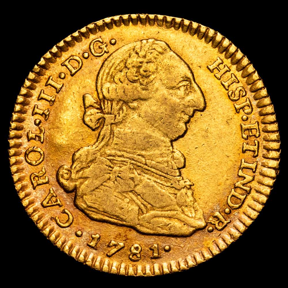 Carlos III (1759-1788). 2 escudos. 1781. Santa Fe de Nuevo Reino. J.J. (AC. 1702) (Restrepo 61-21) Au. 6,76 gramos.  Muy escaso. Bello color. MBC+.