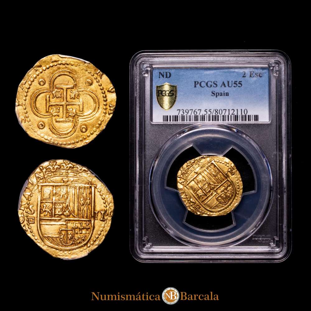 Felipe II (1556-1598). 2 escudos. Sin fecha. Sevilla. (Cal-828). (Tauler-31). Ensayador d cuadrado. Encapsulada por PCGS como AU55.