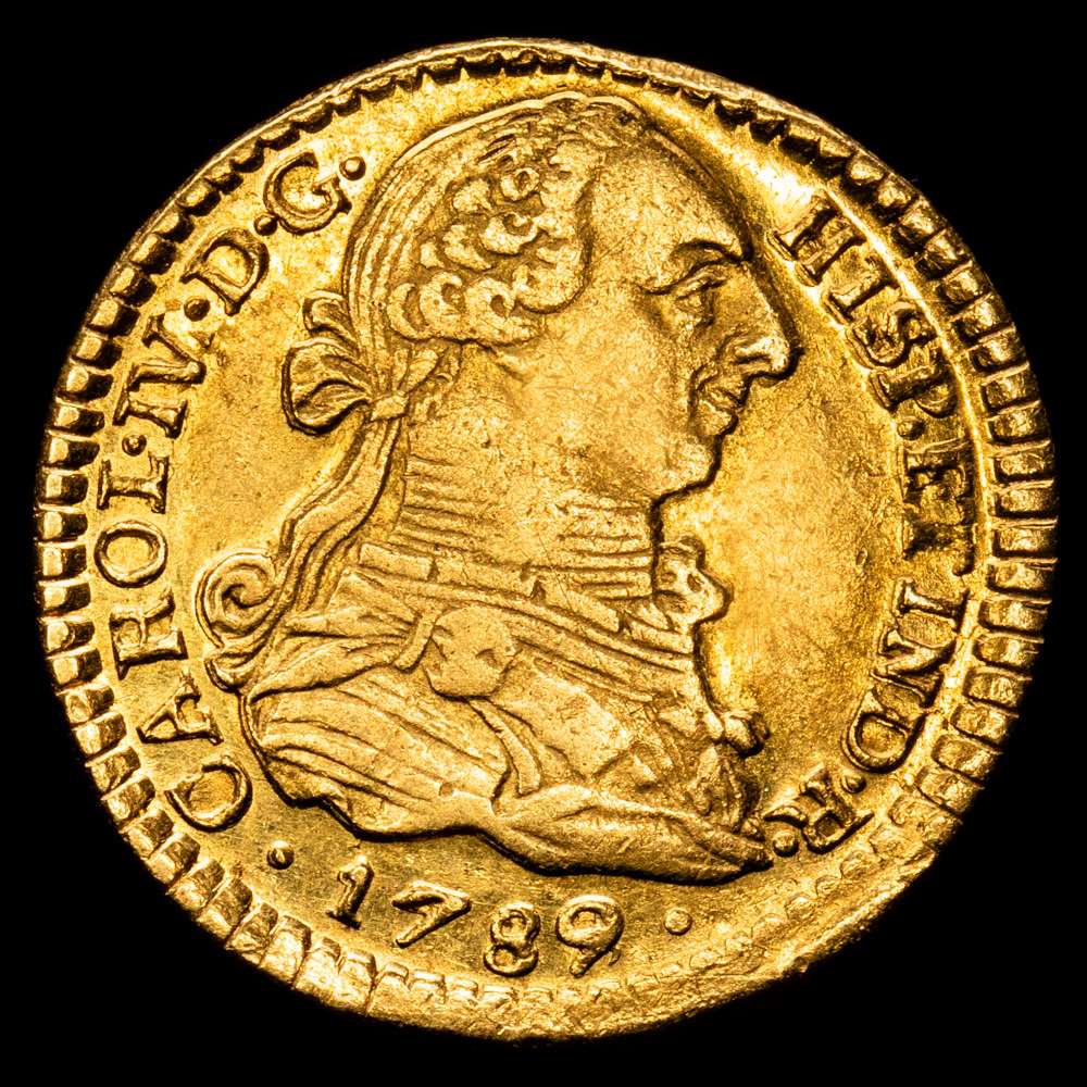 Carlos IV. 1 Escudo. 1789/8. POPAYÁN. S.F. 3,32 grs. AC-1144. Busto de Carlos III, Ordinal IV sobre III.  Brillo original. Rara y más así. EBC-.