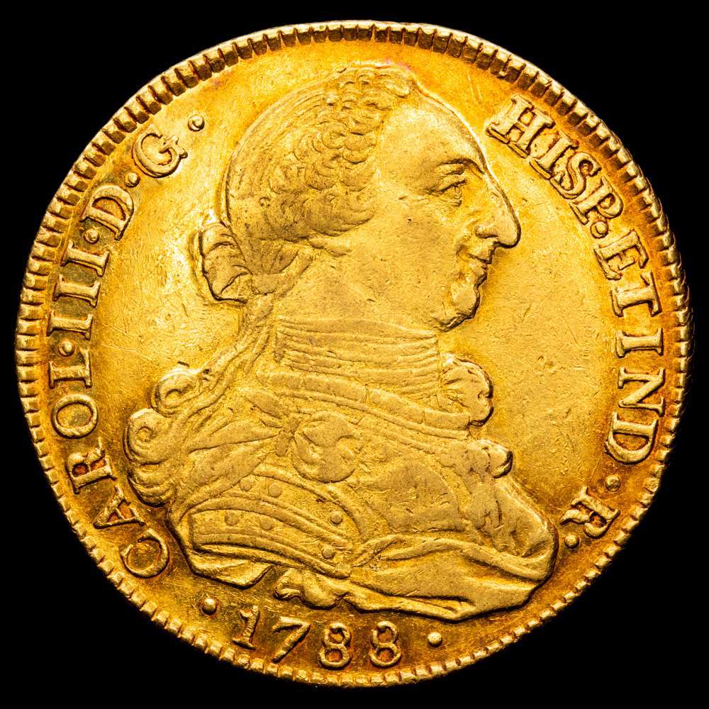 Carlos III (1759-1788). 8 escudos. 1788. Popayán. SF. (Cal-2058). (Cal onza-824). Au. 26,98 gramos. Precioso color. Parte de brillo original. Escasa así. EBC.