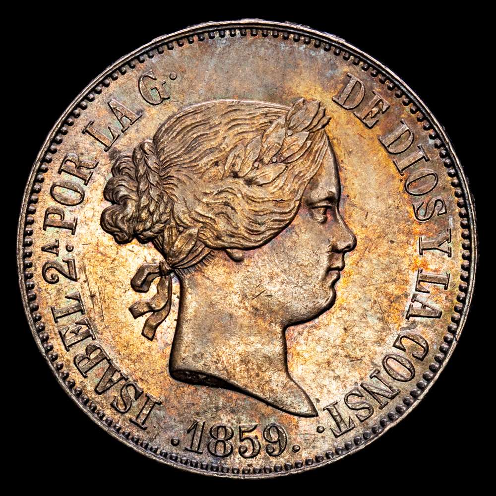 ISABEL II (1833-1868). 10 reales. (Ar. 13,04g/29mm). 1859. Madrid. (Cal-2019-536). EBC+.  Pátina de monetario con un precioso tono iridiscente. Bellísima. Muy raramente así.
