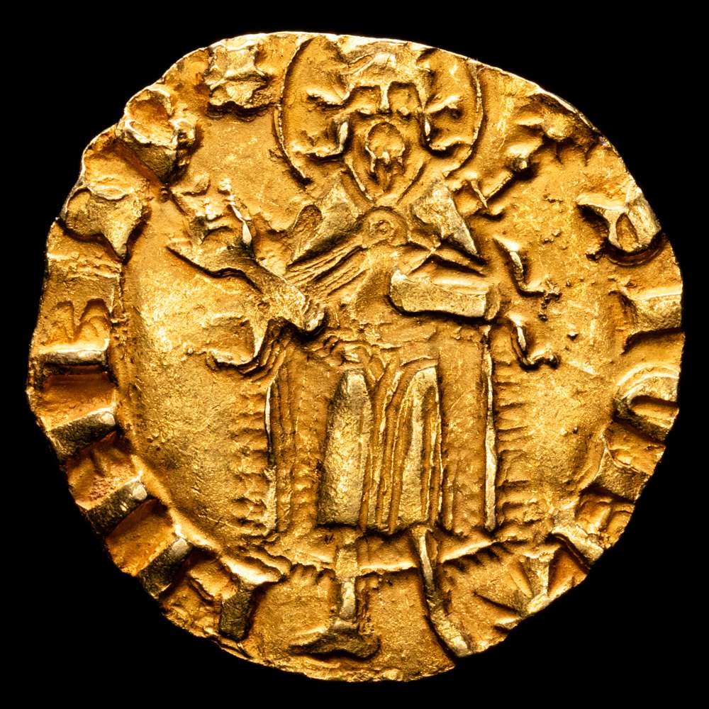 Corona de Aragón. Pedro III (1336-1387). 1 florín. Perpiñán. (Cru CG-2206). (Cru VS-384). Anv.: S IOHA – NNES B. Rev.: + ARAG – ON REX P. Au. 3,46 gramos. Marca rosa de anillos. Rara. EBC.