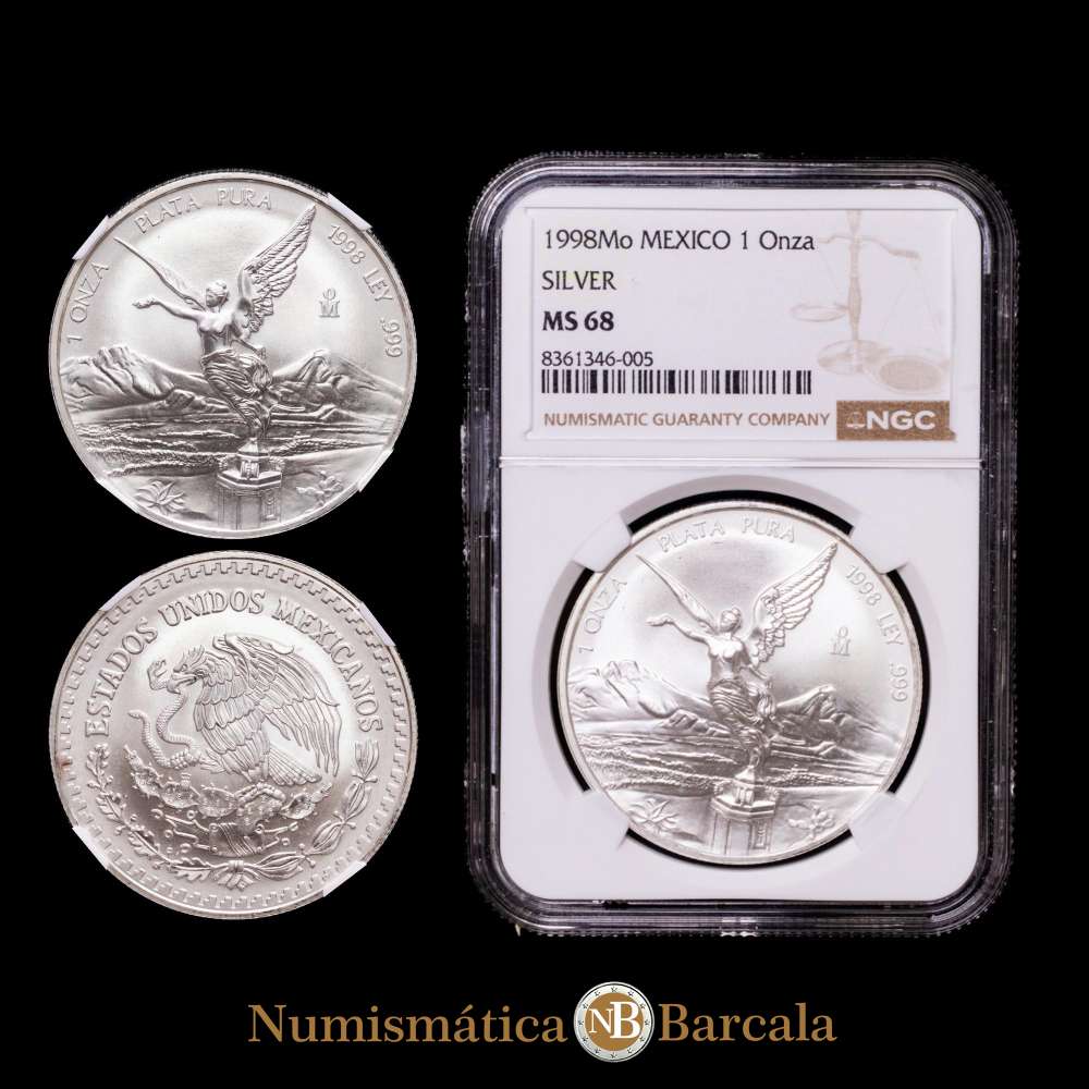 Moneda de plata “Libertad” de México Estados Unidos Onza 1998-Mo. Encapsulada por NGC como MS68, ceca de la Ciudad de México, KM613. Tirada: 67 000.