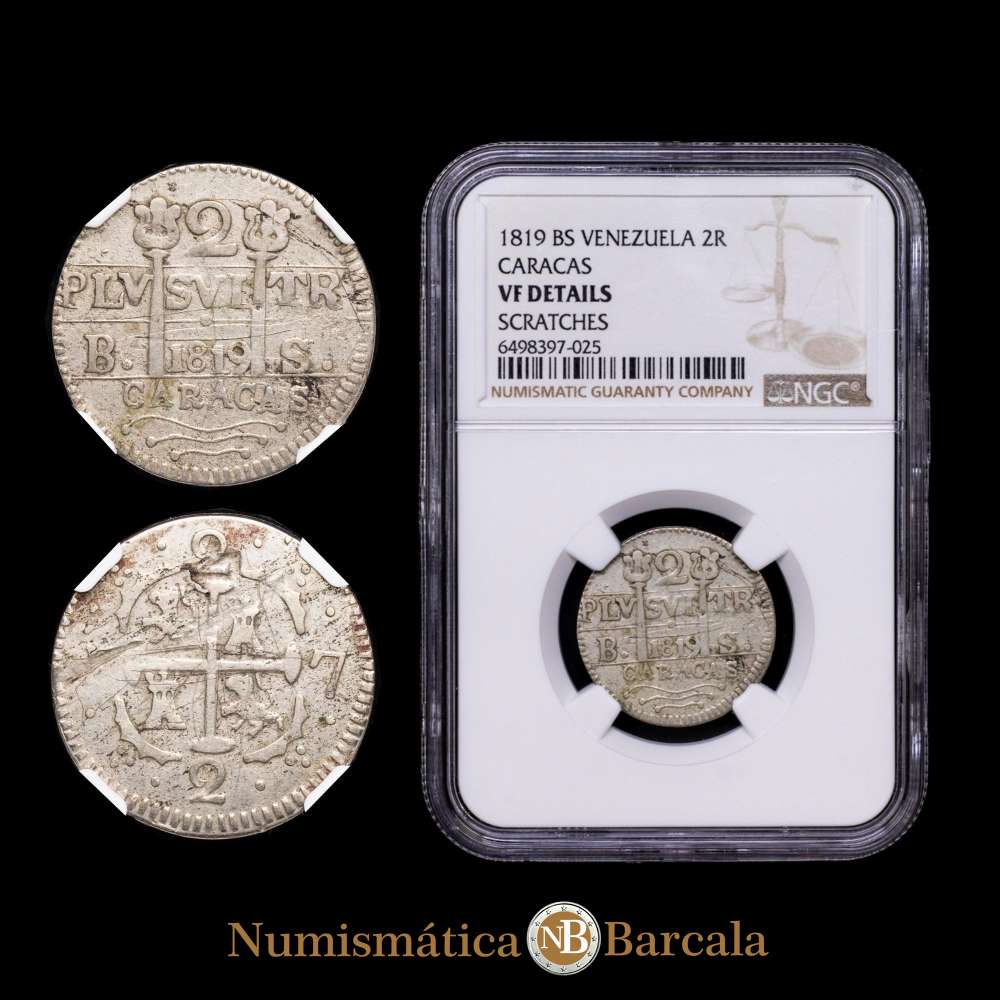 FERNANDO VII. 2 reales. 1819. Caracas. BS. Leones y castillos. VI-612; AC-732. Encapsulada por NGC-Vf como DETALLES.  Muy escaso.