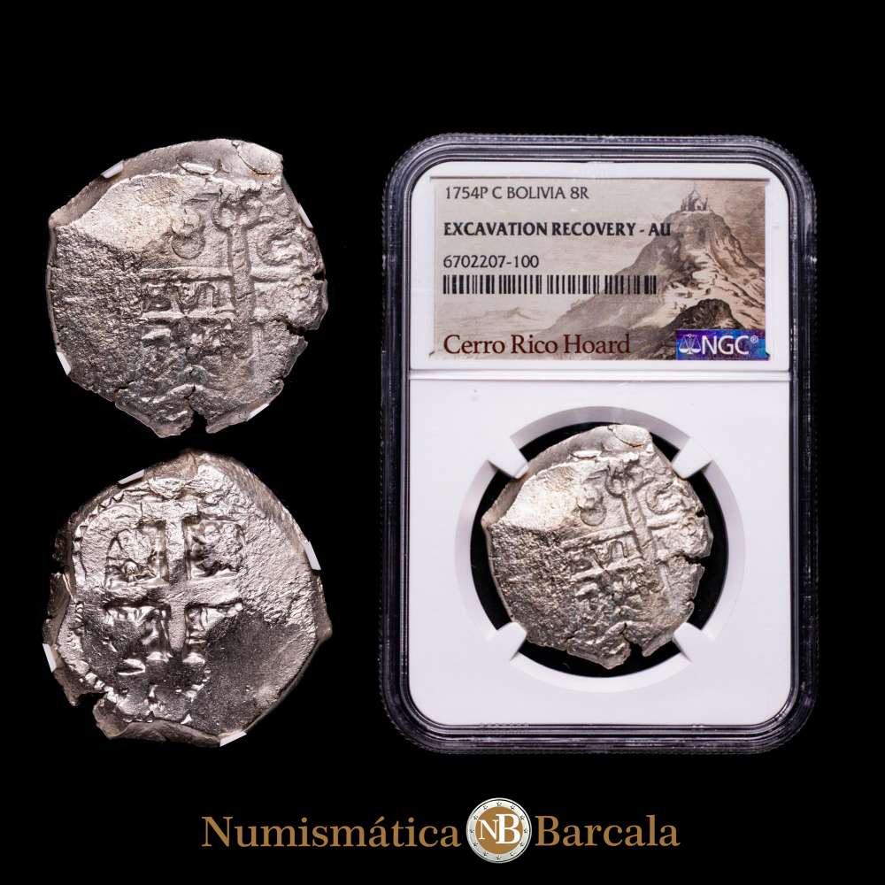 Bolivia. Fernando VI Cob “Cerro Rico Hoard” 8 Reales 1754 P+C. AU  (Recuperación de Excavación) NGC, Ceca de Potosí, KM40, Cal-527.Cerro Rico de Potosí es una montaña en los Andes (Bolivia).