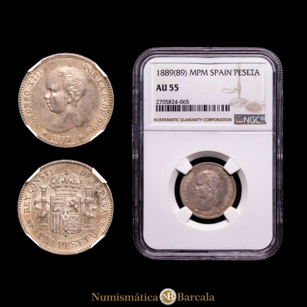 Alfonso XIII 1 Peseta. Madrid. 1889 *89*. MP·M. KM-689. AU55 . Rara en esta conservación .