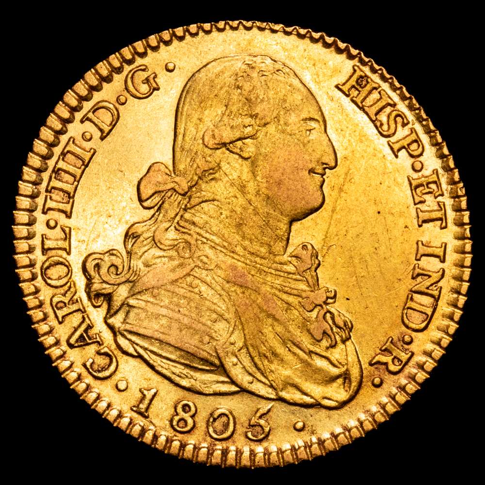 Carlos IV (1788-1808). 2 escudos. 1805. Madrid. FA/MF. (Cal-1311). Au. 6,68 gramos. Clara rectificación del ensayador. MBC+.