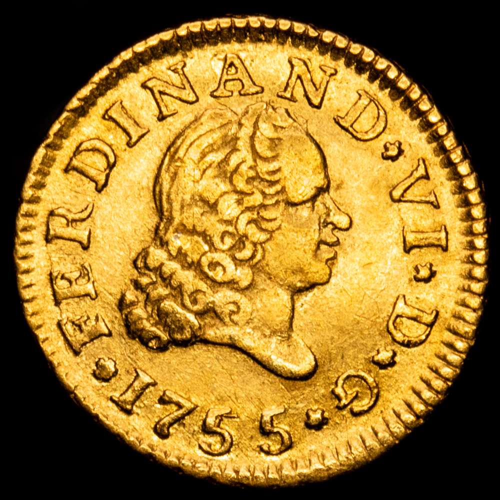 Fernando VI (1746-1759). 1/2 escudo. 1755. Madrid. JB. (Cal-558). Au. 1,73 gramos. Tercer busto. MBC+.