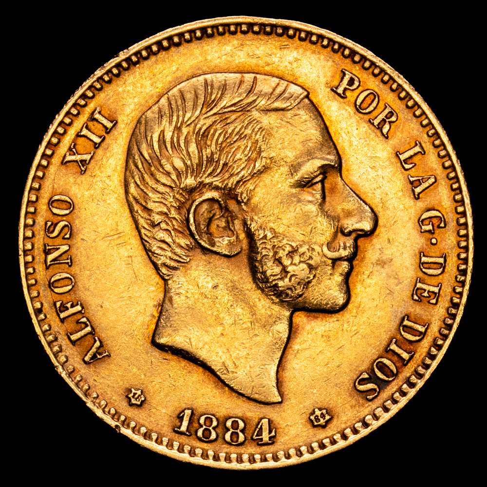 Alfonso XII (1874-1885). 25 pesetas. 1884*18-84. Madrid. MSM. (Cal-89). Au. 8,08 gramos. Bello color. EBC-.