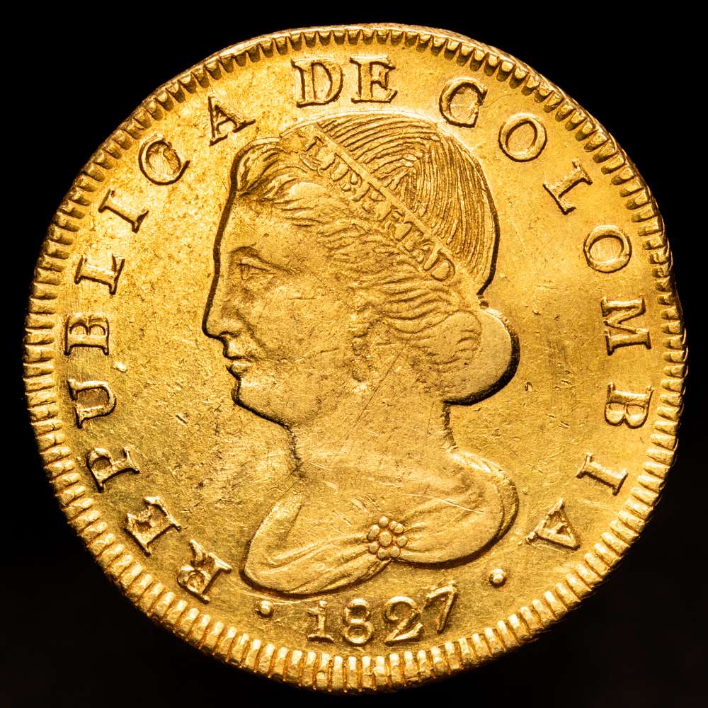 República de Colombia, 8 escudos, 1827-FM, KM82.2.(26,81 gramos). Gran parte de brillo original. XF.