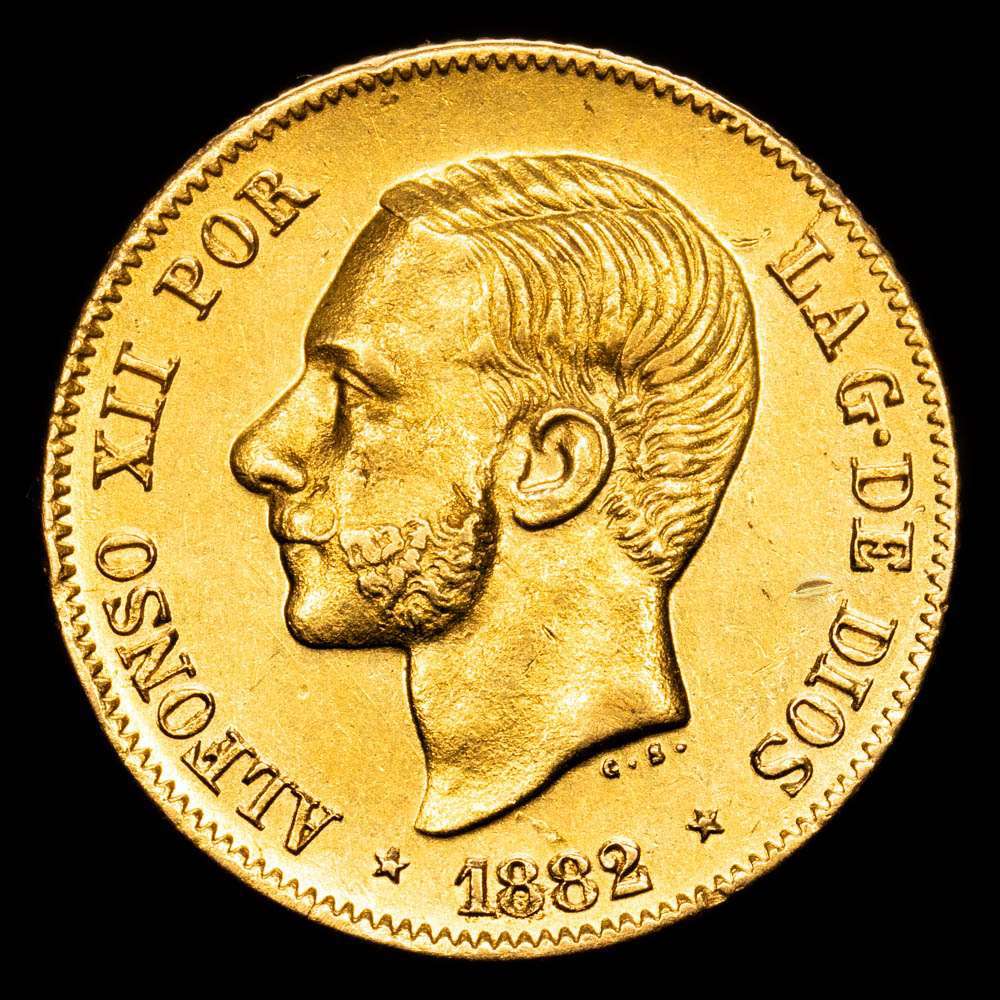 Alfonso XII (1874-1885). 4 pesos. 1882. Manila. (Cal-127). Au. 6,76 g. Magnífica con pleno brillo original e ínfimas marquitas. Rarísima. EBC+.