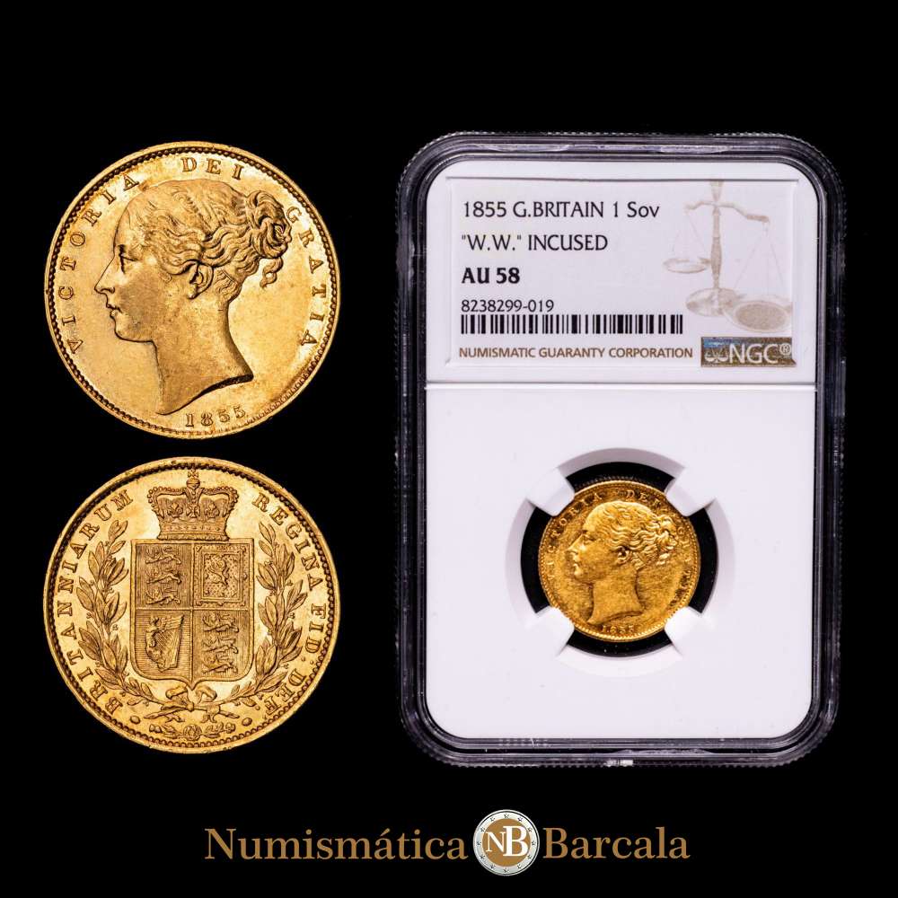 Gran Bretaña – Victoria I. 1 Sovereing. 1855. KM736.1. Cabeza joven con la inscripción “W.W.” Incusa. Encapsulada por NGC como AU 58. Brillo original. Escasa.