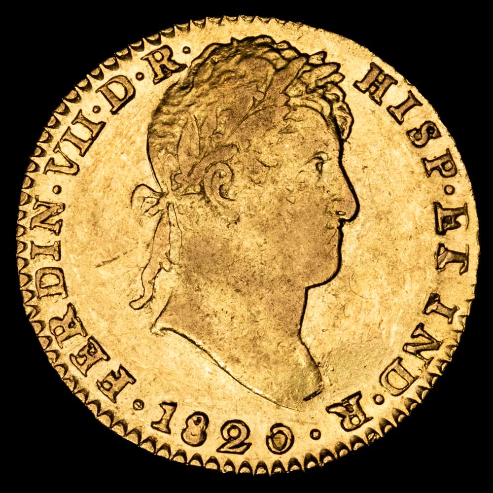 Fernando VII. 1820 Sevilla. CJ. 2 escudos. (AC. 1677). FERDIN VII DR en lugar de DG en anverso.  Atractivo. Rara. 6,74 gramos. EBC-.