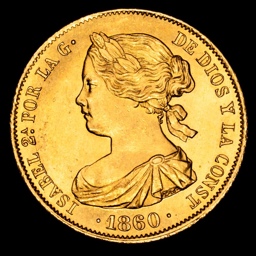 Isabel II (1833-1868). 100 reales. 1860. Madrid. (Cal-787). Au. 8,37 g. Brillo original. Escasa así. SC-.