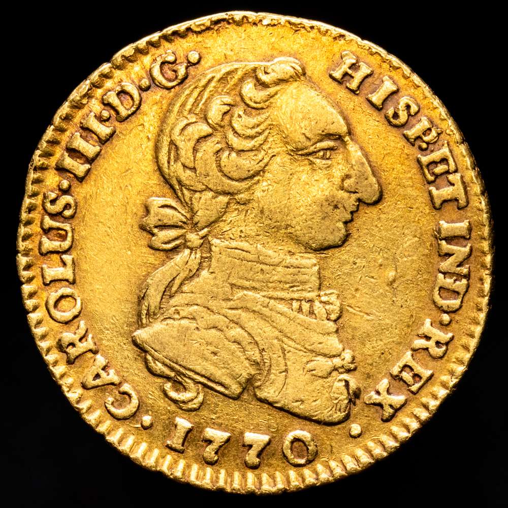 Carlos III. 1770. Santa Fe de Nuevo Reino. VJ. 2 escudos. (Cal. 547) (Restrepo 60-18). 6,71 gramos. Tipo “cara de rata”. Sin indicación de valor. Muy rara. MBC+.