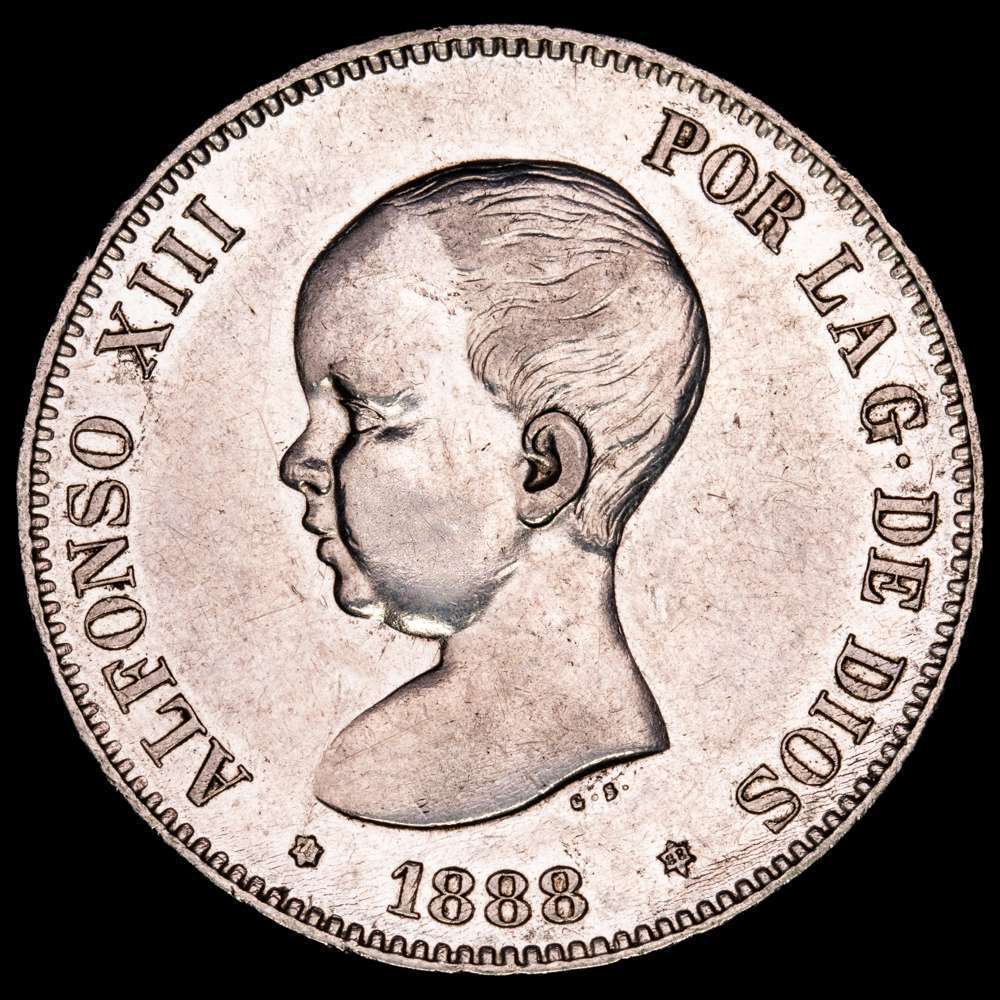 Centenario de la Peseta (1868-1931). Alfonso XIII (1886-1931). 5 pesetas. 1888*18-88. Madrid. MPM. (Cal-92). Ag. 24,88 gramos. Pequeñas marcas. Restos de brillo originales. MBC+.