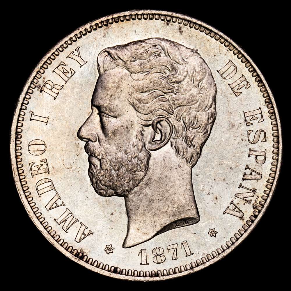 AMADEO I (1871-1873). 5 pesetas. (Ar. 24,85g/37mm). 1871 *18-71 Madrid SDM. (Cal-2019-1). SC/SC-.  Expectacular ejemplar con brillo original.